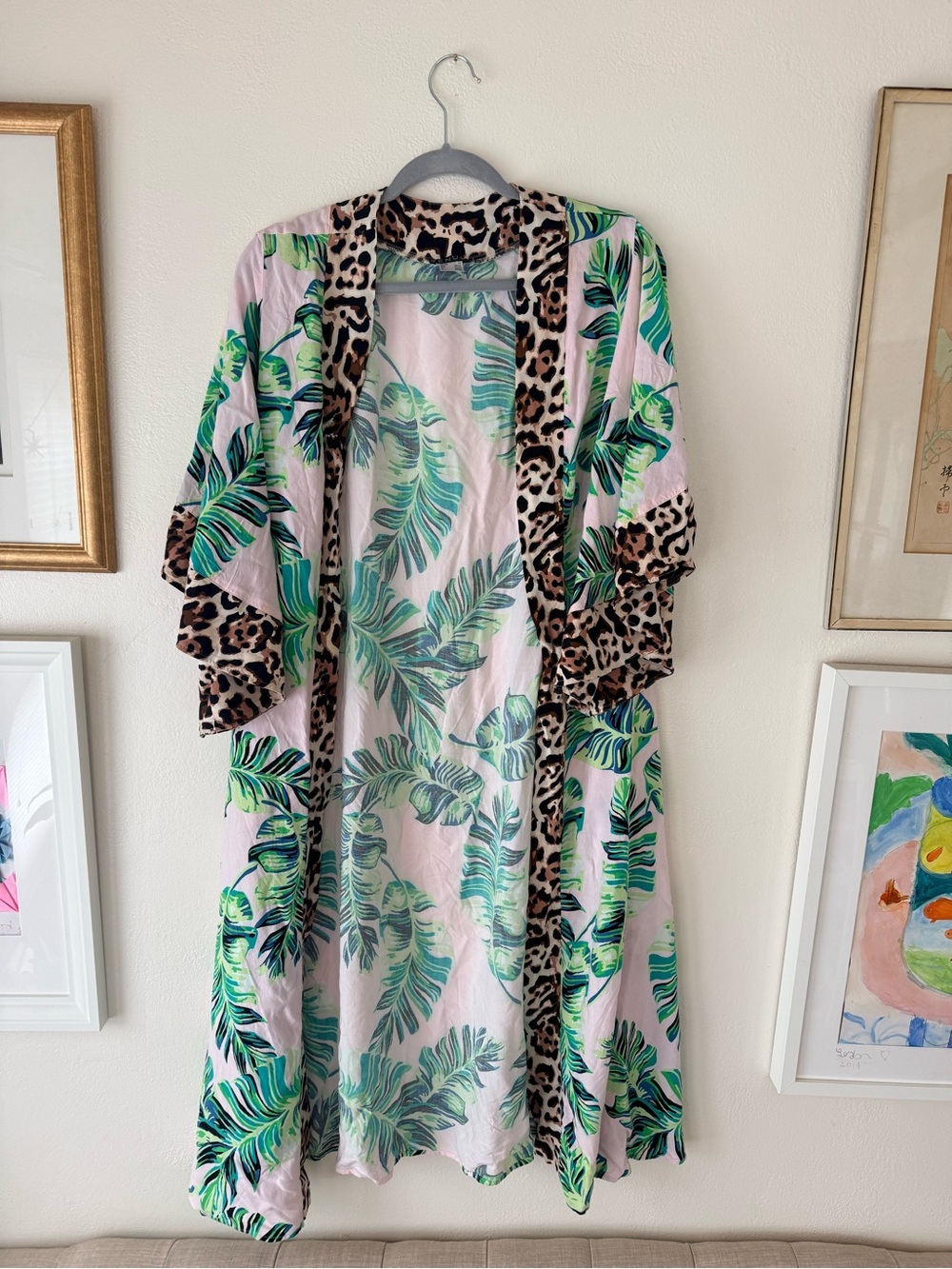 VENUS Pink and Green Tropical Kimono with Leopard Trim